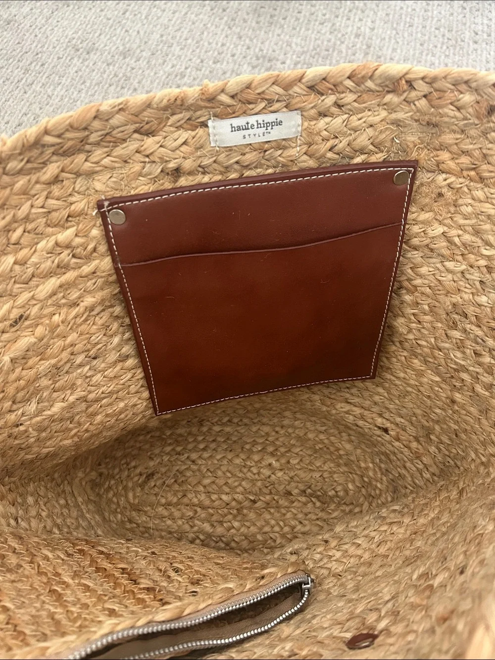 Haute Hippie Tan Straw Tote with Brown Leather Trim